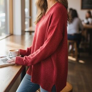 Diane Von Furstenberg Red V-Neck Long Sweater